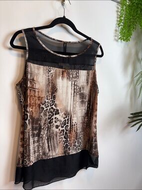 Women's Brown Animal-Print Shell with Black Sheer Trim